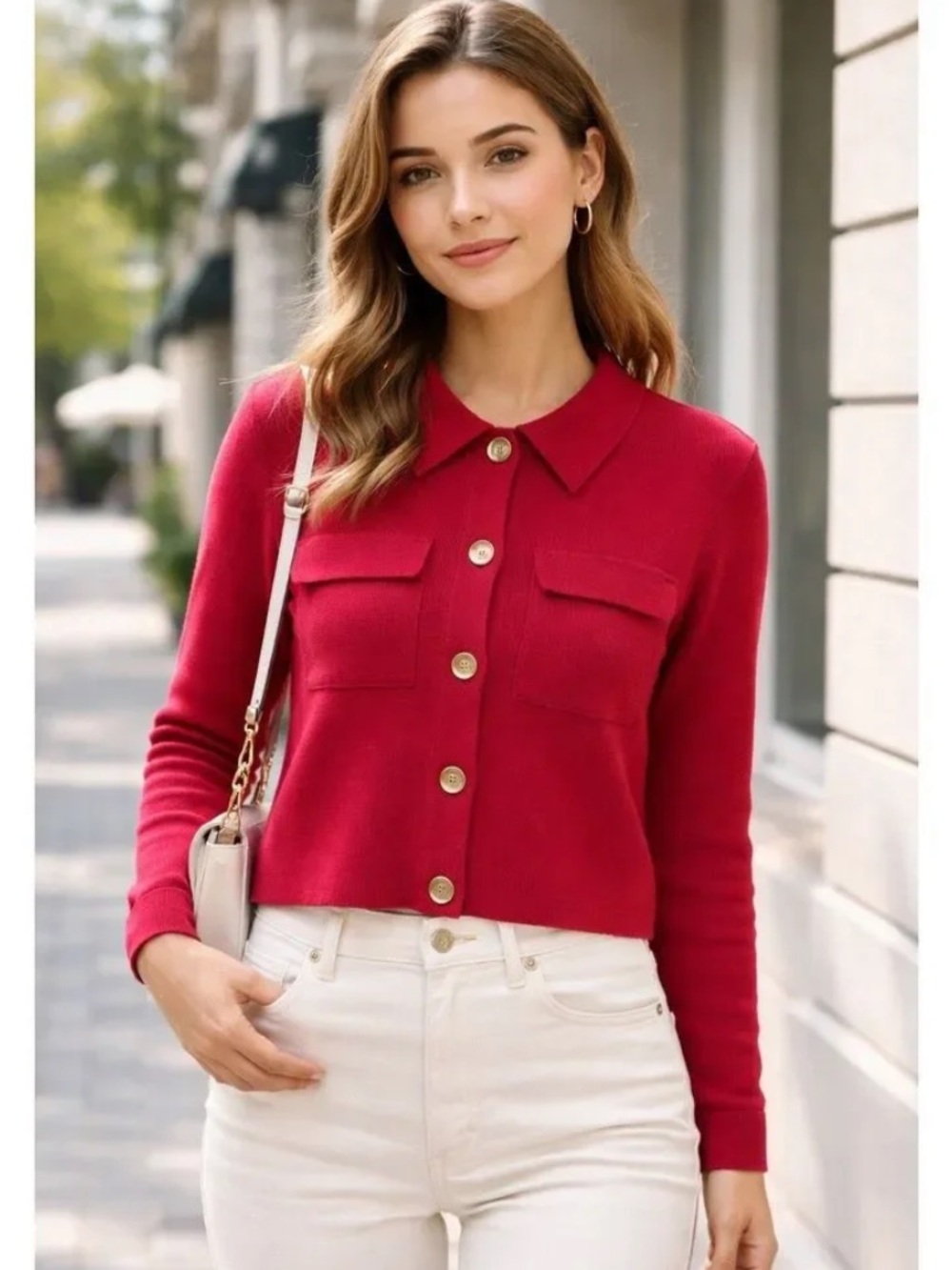Sezane Deep Red Betty Collared Cropped Button Front Wool Cardigan
